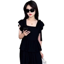 Fashionable Street Salt Style Suit for Women Summer New 2024 French Fly Sleeve Top Wide Leg Pants Western Style Two-piece Set