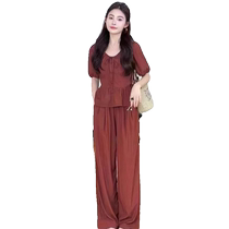 Popular casual suit for women 2024 summer new style slimming short-sleeved wide-leg pants two-piece set trendy