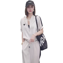 Casual sports suit for women 2024 summer temperament trendy brand zipper short-sleeved cardigan top wide-leg pants two-piece set