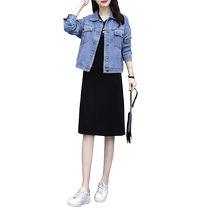 Plus size womens clothing spring and autumn 2024 new fat mm belly-covering slimming suit skirt denim jacket two-piece dress