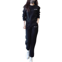 European casual sports suit for women autumn and winter 2024 new fashionable style plus velvet black sweatshirt two-piece set