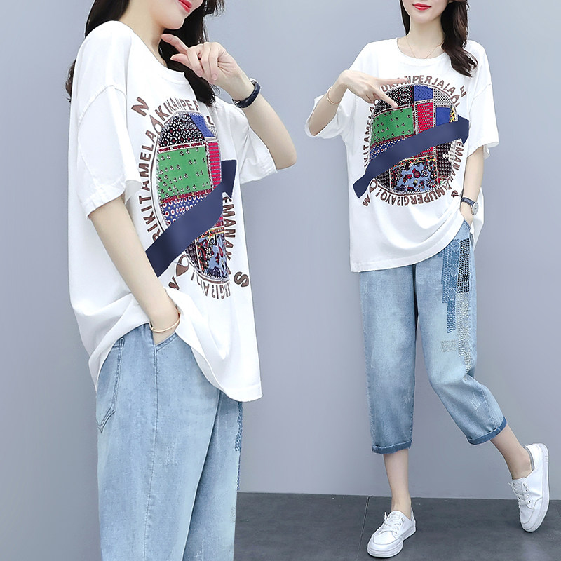 2022 new Korean version large size meat-covering Western style short-sleeved temperament casual suit women's summer loose T-shirt jeans