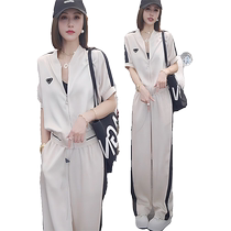 Fashionable and age-reducing triangle sports suit for women acetate short-sleeved cardigan wide-leg trousers casual two-piece summer