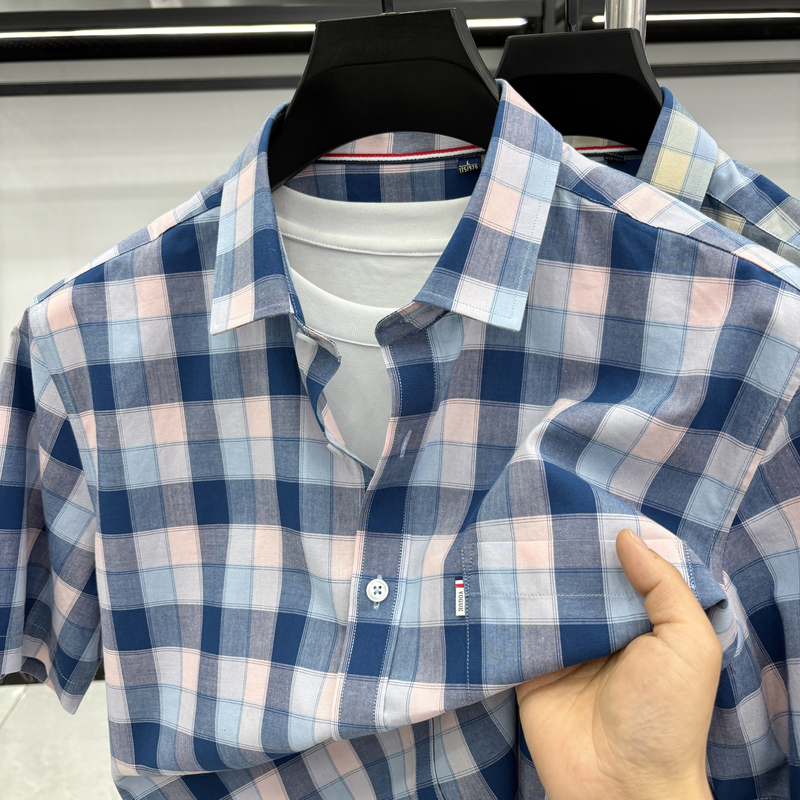 Summer Business Tommy Pure 100% Cotton Plaid Short-Sleeved Shirt for Men, Skin-Friendly, Casual, High-End Middle-Aged Shirt