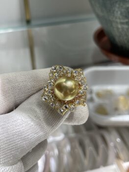 Colorful thick gold 13.86mm south sea gold bead ring with heavy s925 inlay