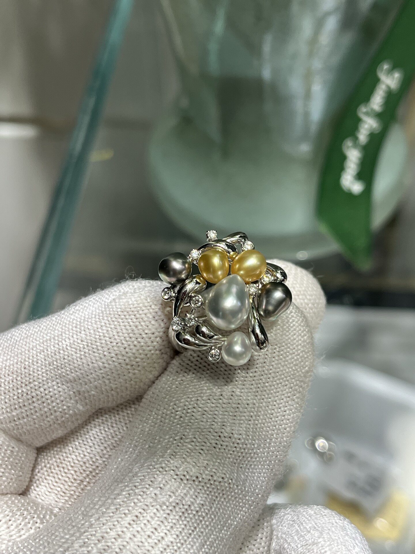 Wild seedless keshi multi-bead ring, about 4 7mm points, 18k natural diamonds