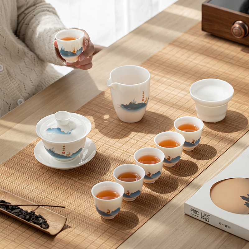 Shea Butter Jade Kung Fu Tea Set Group Home Living Room Briefing Tea Office Guests Gifts White Porcelain Cover Bowl Tea Cup