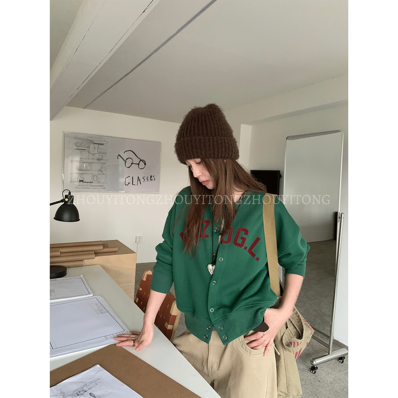 【Minimalist Return】Zhou Yitong's New Green Knit Cardigan for Women, Autumn and Winter Knit Sweater Jacket Top