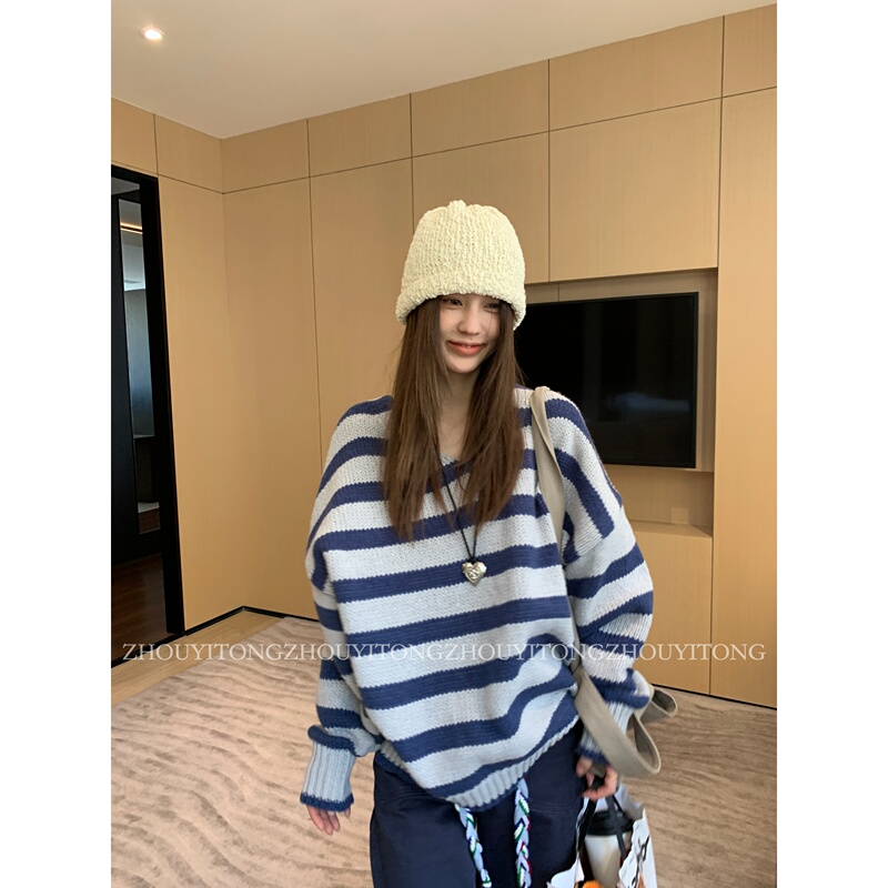 【Lazy Afternoon】Zhou Yitong's New Color-Block Striped Long-Sleeve Sweater for Women, Autumn and Winter, with a Relaxed Feel, Round Neck Top