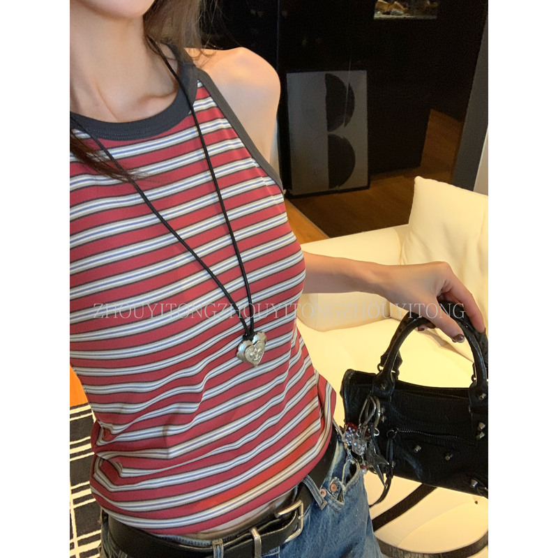 【Sea Salt Bubble】Zhou Yitong's New Summer Design, Unique Color-Blocked Striped Camisole with Cut-Out Shoulders