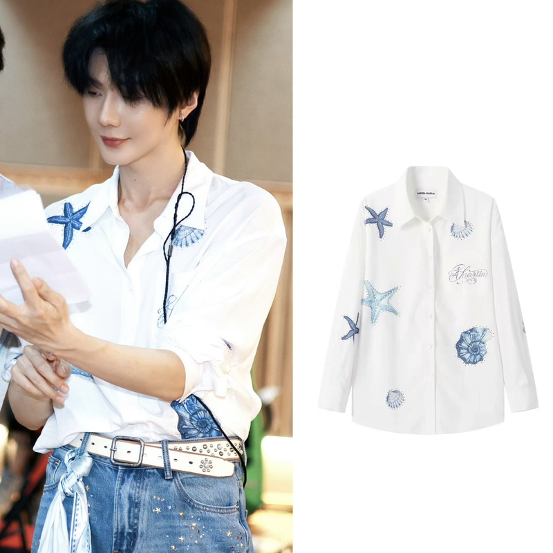 [Same Style as Hao Yiran] Andrea Martin Starfish Rhinestone Shirt Loose Casual Shirt