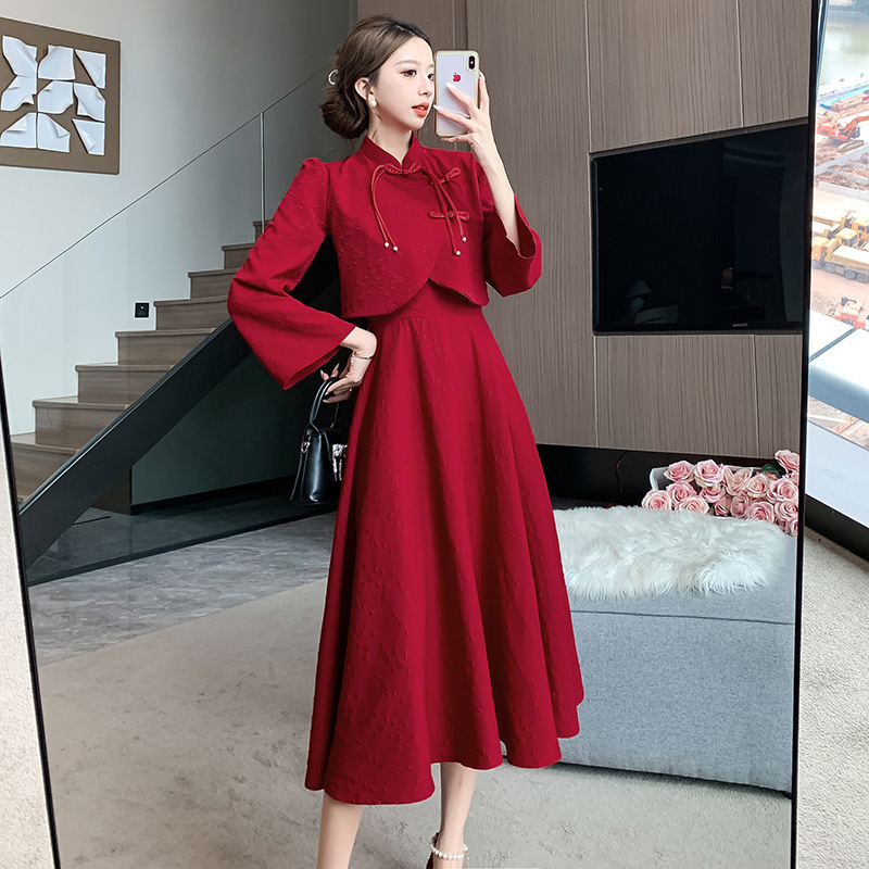 New Chinese-Style Postpartum Banquet Dress Set for Nursing Mothers, Autumn National Style Wedding and Breastfeeding Dress