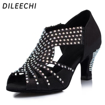 Fashion Diamonds Black Satin Back Zipper Latin Dance Shoes Women Party Salsa Tango Square Dancing Shoes Softbottom Lady