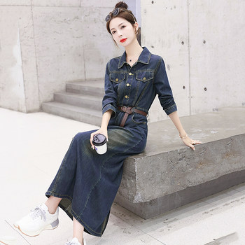 Korean style denim skirt long skirt for women spring and autumn popular retro long-sleeved slimming unique dress with super high-end feel