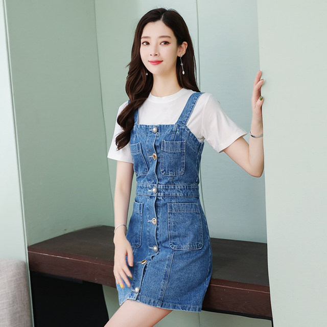 ສິ້ນ Denim suspender ສໍາລັບແມ່ຍິງ 2019 summer ແບບເກົາຫຼີໃຫມ່ slim slim slim ແອວສູງ suspender skirt ສໍາລັບຄົນຂະຫນາດນ້ອຍ