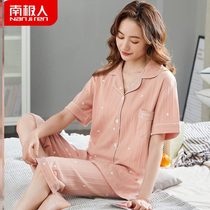 2021 new summer pure cotton womens pajamas loose short-sleeved thin section three-point pants middle-aged mother home clothes