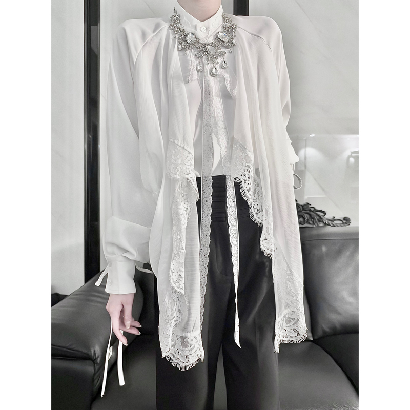 Aont Winged Draped Lace Patchwork Ribbon Shirt Unisex Raglan Sleeve Loose Slimming French Retro Top