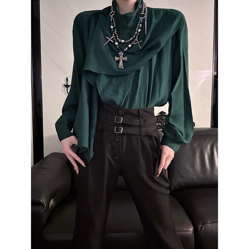 Aont【Twin Series】Original Retro Dark Green Limited Edition High-End Shirt with Spliced Ribbon Shirt for Women