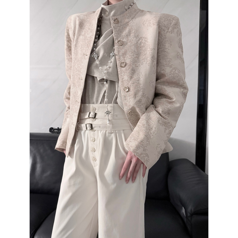 Aont Original Slim-Fit Short Suit, Unisex Stand-Up Collar Jacket, Elegant Design, Chanel-Style Linen Jacquard Suit