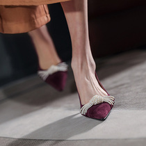 Givenivan one see leaning ~ elegant princess Fan @ French suede high heel with feminine pearl temperament shallow mouth