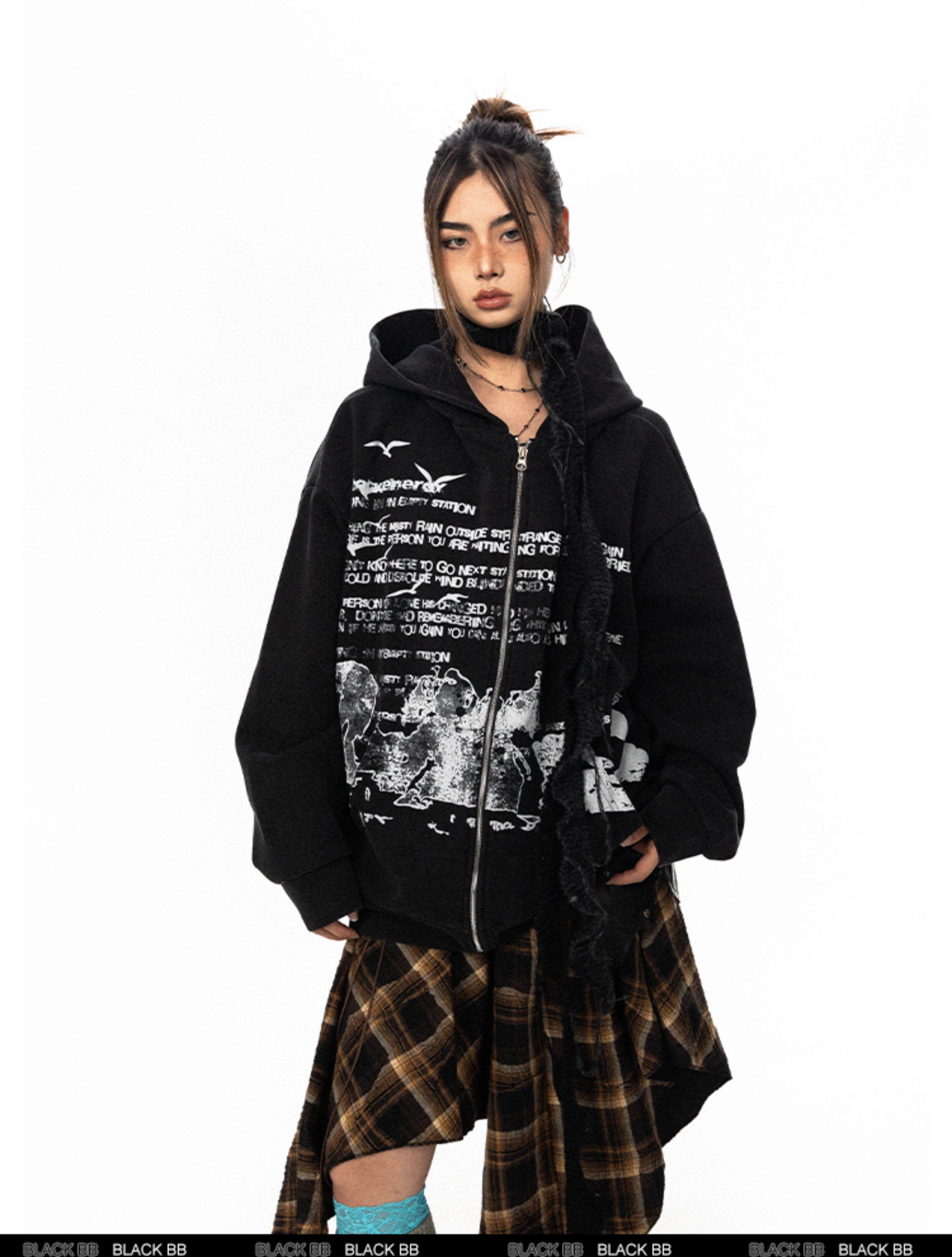 BLACKBB винтажная толстовка с капюшоном на молнии с принтом букв унисекс свободная весна-осень