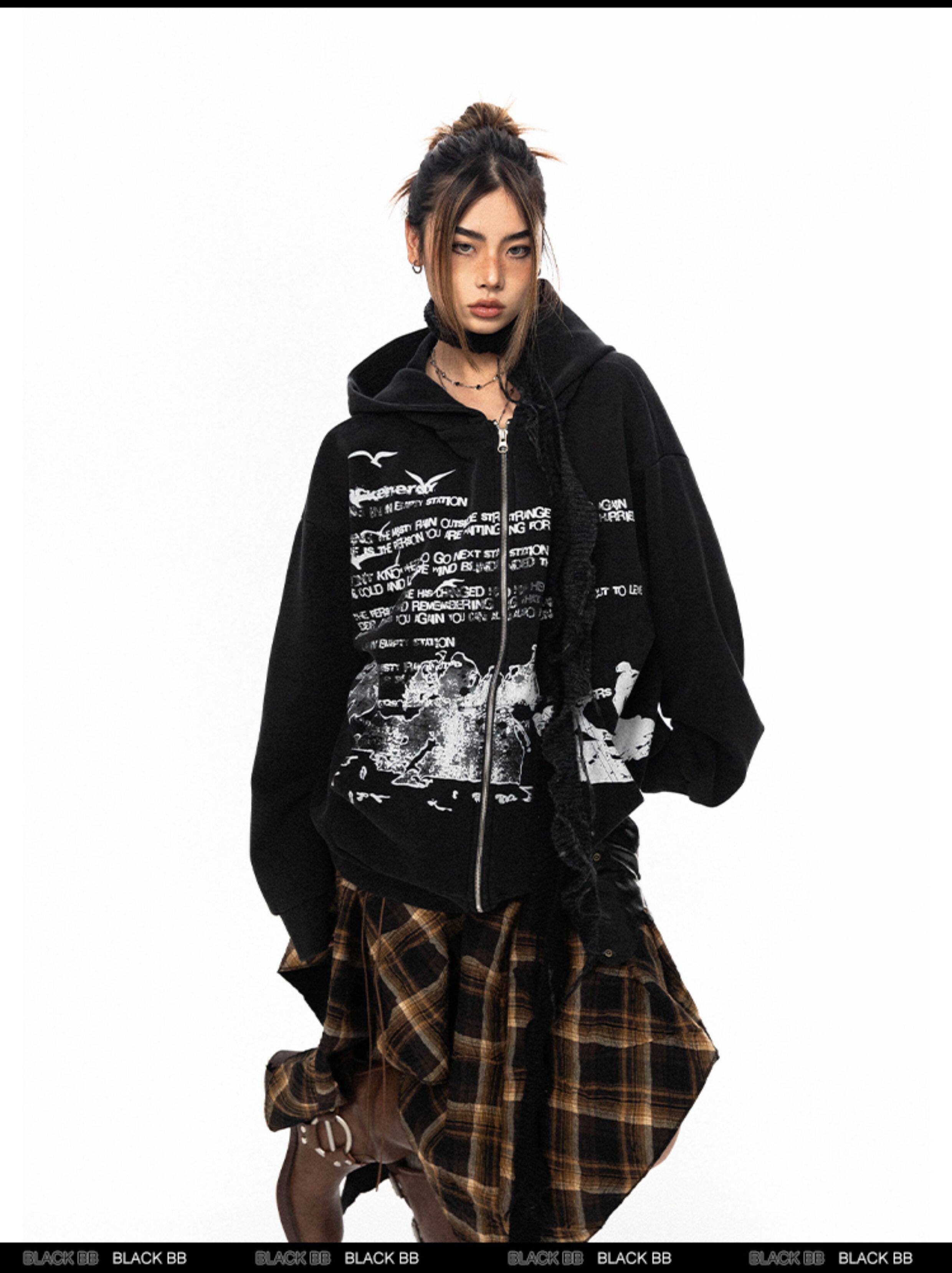 BLACKBB винтажная толстовка с капюшоном на молнии с принтом букв унисекс свободная весна-осень