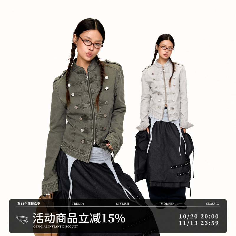 Blackbb Napoleon Army Green Washed Denim Jacket Women's Autumn Street Slim Fit Palace Stand Collar Short Jacket Blackbb Napoleon Army Green Washed Denim Jacket Women's Autumn Street Slim Fit Palace Stand Collar Short Jacket
