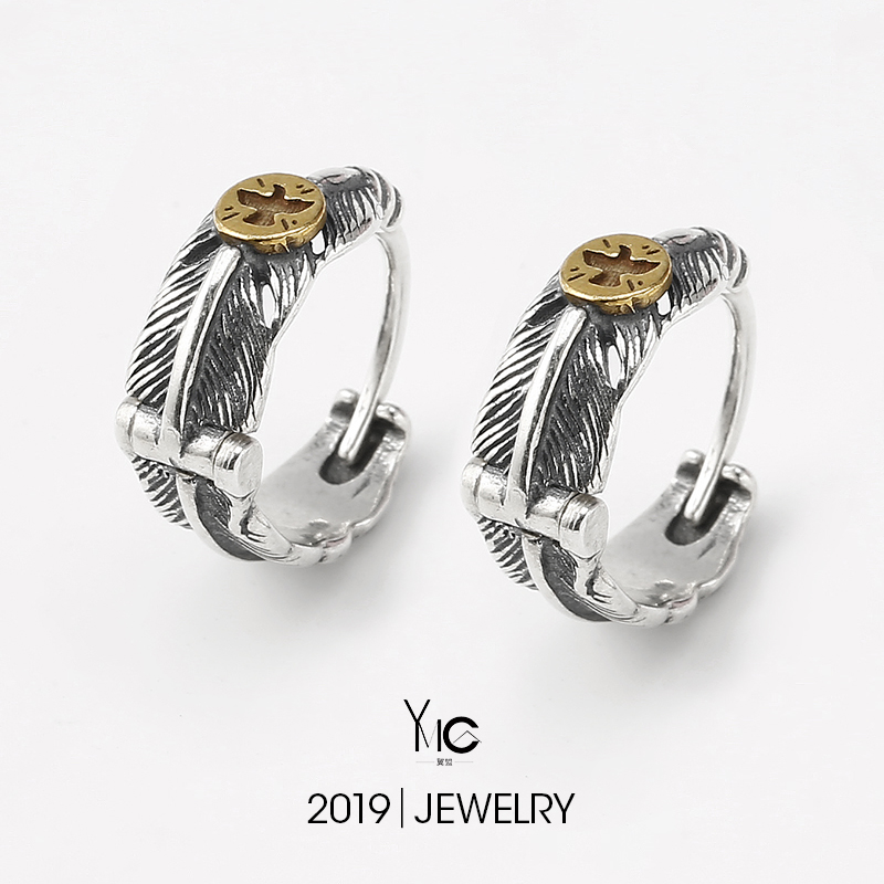 925 silver men's ear nails Ring Personality Tide Personality Tide Man Retro Street Harbor Wind Thai Silver Niche Design Feather Pure single