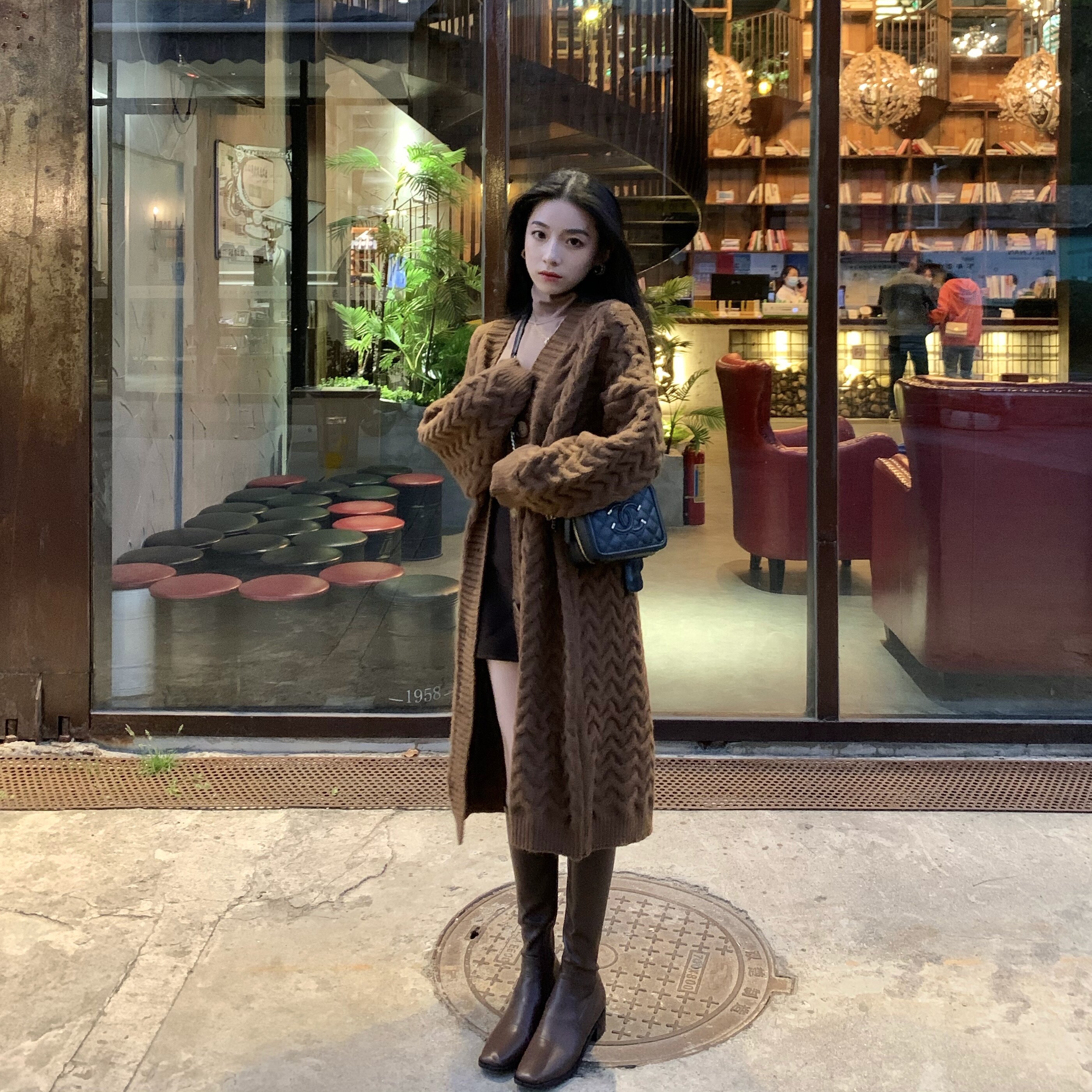 SIMONA caramel latte coffee color twist knitted sweater long version coat long sleeve warm thin cardigan coat