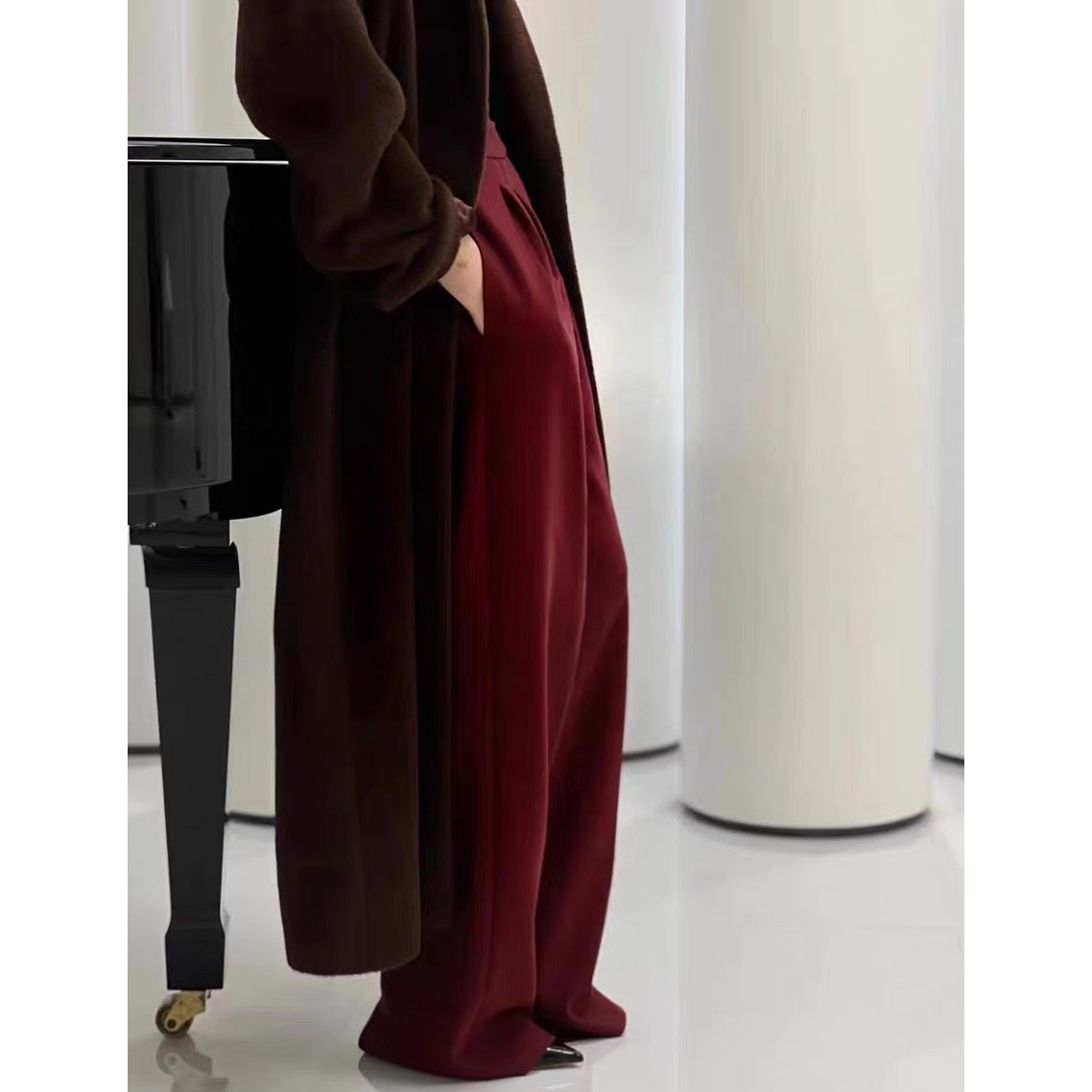 ZEROYK Advanced Sensation Wine Red Commuter Western Pants Autumn Winter Temperament Goddess Van High Waist Wool Straight Barrel Broadlegged Trousers-Taobao