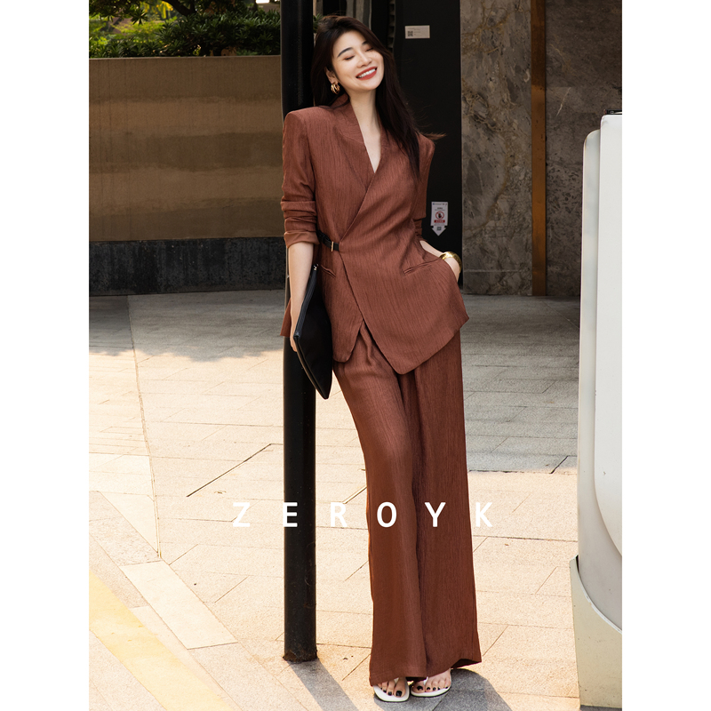 Zeroyk Lingke European High-End Professional Women's Clothing, Elegant Goddess Style Leather Buckle Suit with Wide-Leg Pants, Commuter Suit