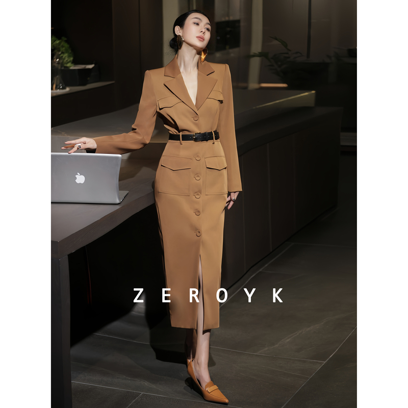 Zeroyk Elegant Lady Style Suit Collar Dress Vintage Waist Slimming Single-Breasted Slit Over-The-Knee Long Dress Zeroyk Elegant Lady Style Suit Collar Dress Vintage Waist Slimming Single-Breasted Slit Over-The-Knee Long Dress