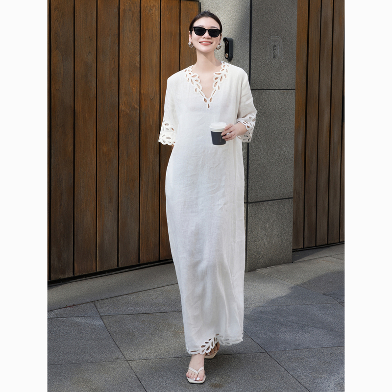 Zeroyk Casual Style Dress 2026 Spring High-End Linen Lace V Neck Loose and Versatile Long Skirt