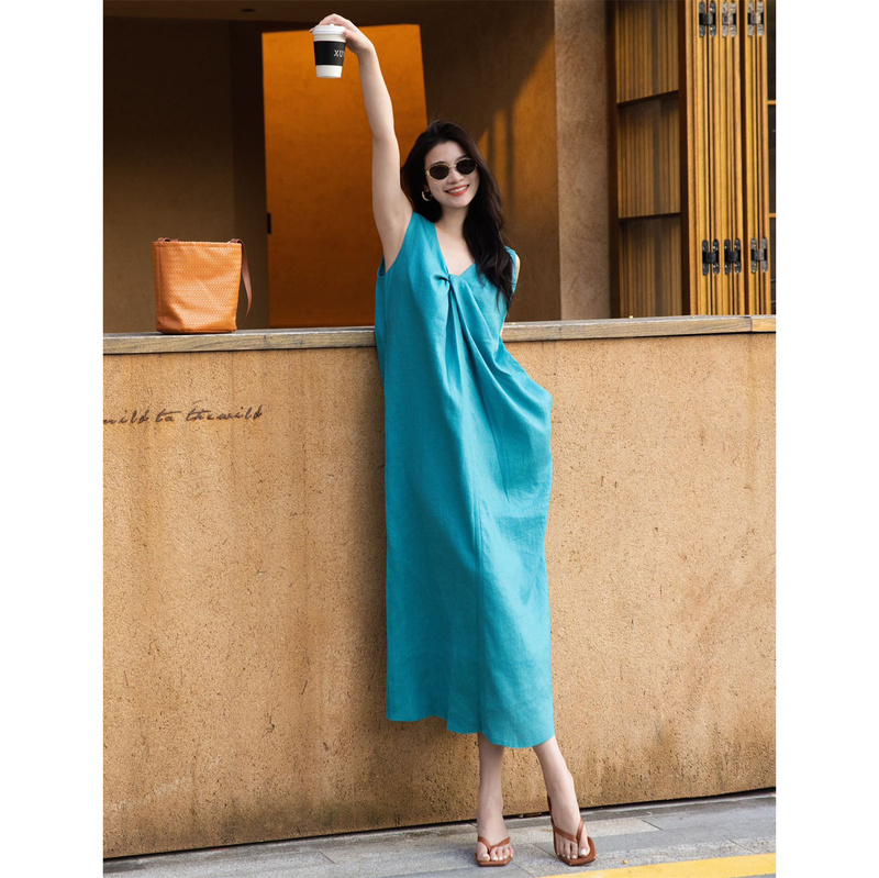 Zeroyk Resort Style Dress, Stunning Blue 100% Linen Blue Danube Twist Loose Dress