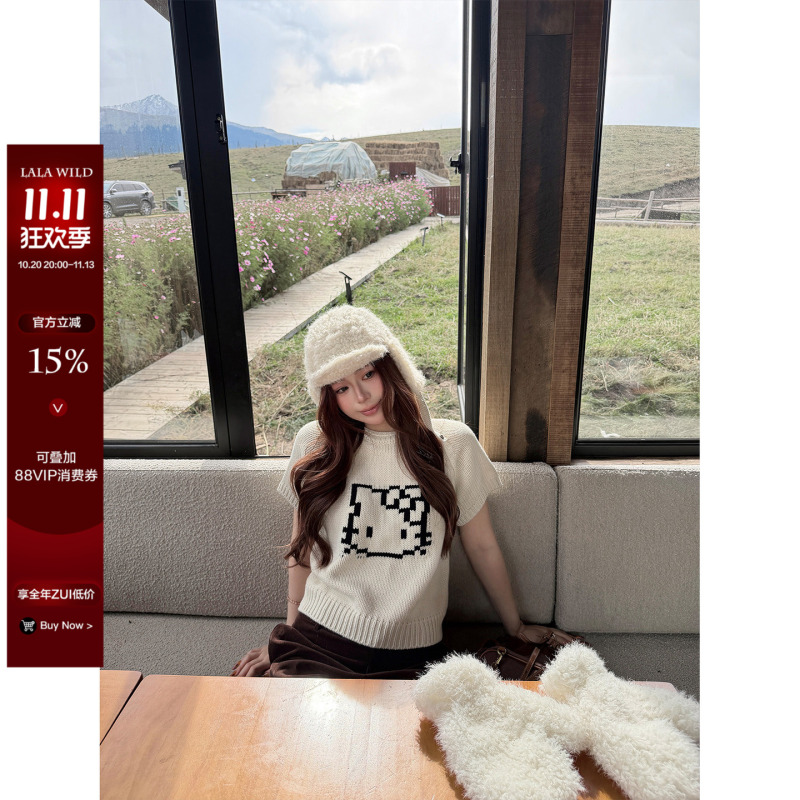 Wild Spicy Style, Popular on Social Media, Slightly Chubby Girl, Korean-Style Printed Short-Sleeved Knit Top for Women, Slimming Sweater, Plus-Size Top