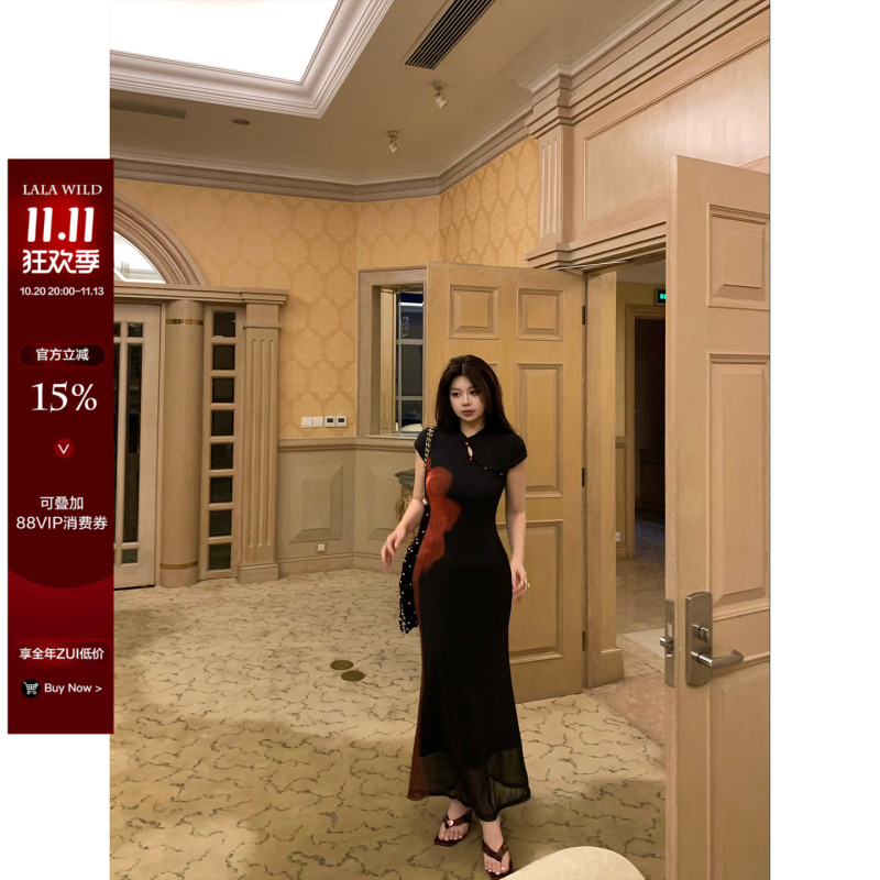 Wild and Spicy, Slightly Chubby Women's Retro Print Dress, Feminine Bodycon Long Dress, Cheongsam, Plus Size Dress