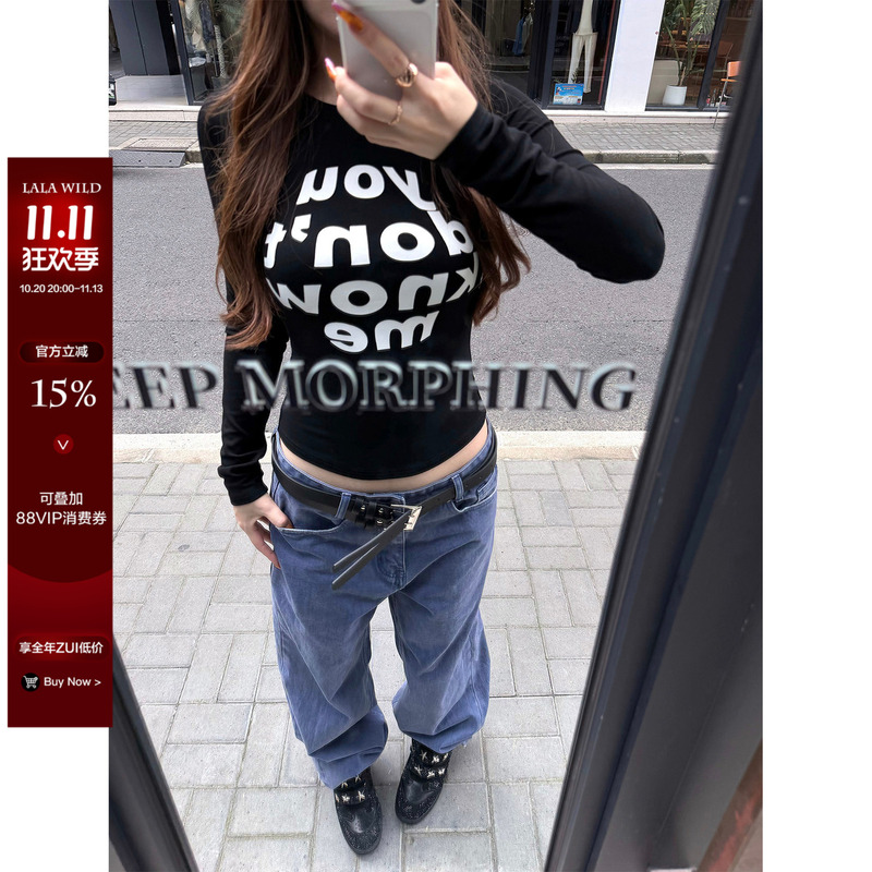 Wild Spicy Black T-Shirt Statement: Slightly Chubby mm Letter Print Long Sleeve T-Shirt 2026 Autumn Slimming Plus Size Top