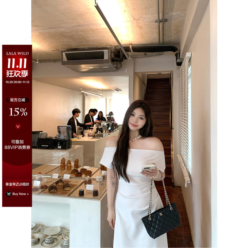 Wild and Spicy Slightly Chubby Girl Irregular Off-Shoulder Dress 2026 New Style Off-Shoulder Elegant Waist-Cinching Long Dress Wild and Spicy Slightly Chubby Girl Irregular Off-Shoulder Dress 2026 New Style Off-Shoulder Elegant Waist-Cinching Long Dress