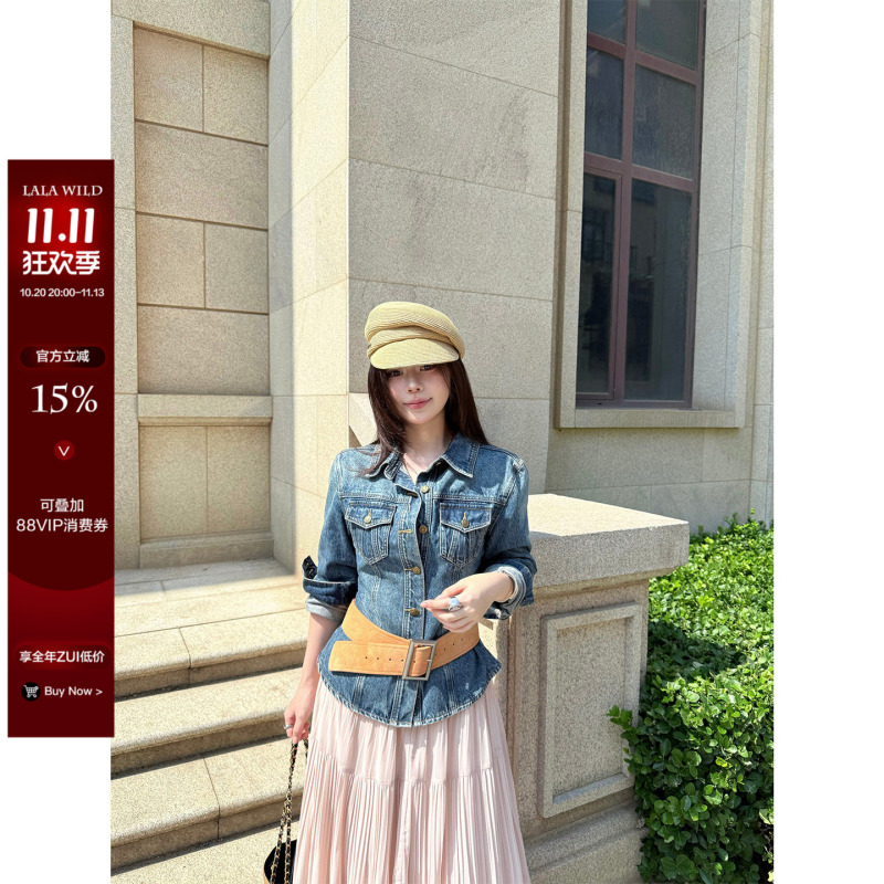 Wild Spicy Cowboy Project: Slim-Fit Waist-Cinching Shirt for Slightly Chubby Women, Vintage Design, Plus-Size Denim Jacket