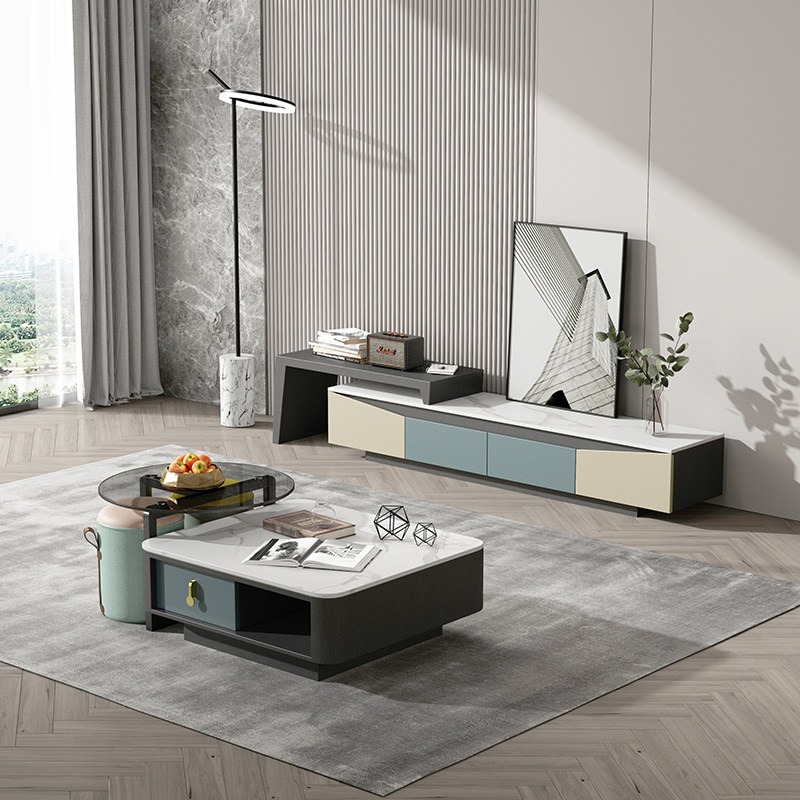 Modern minimalist fresh wind white rock slab living room Nordic minimalist creative telescopic TV cabinet tea table combination set