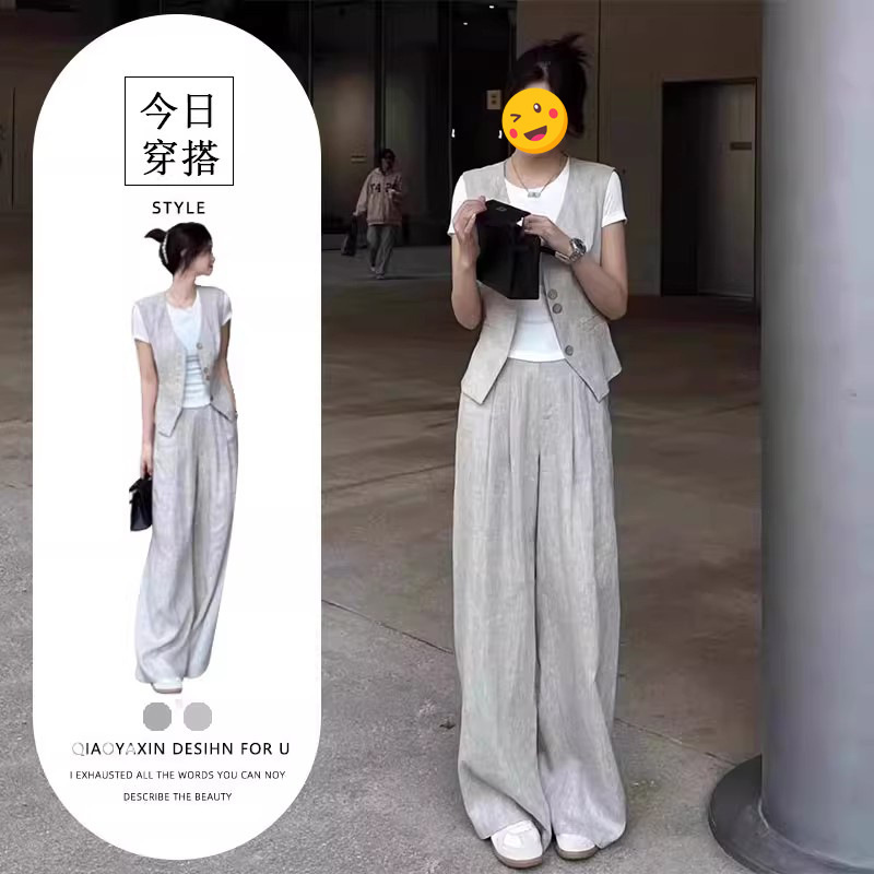 Chanel-Style Professional Suit 2025 Summer Elegant and Sophisticated Women's Fashion High-End Gray Vest Wide-Leg Pants Three-Piece Set