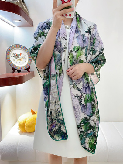 Camellia Purple Pink Fresh and Beautiful Double-Sided Two-Tone Silk Wool Large Square Scarf Velvet Shawl for Women