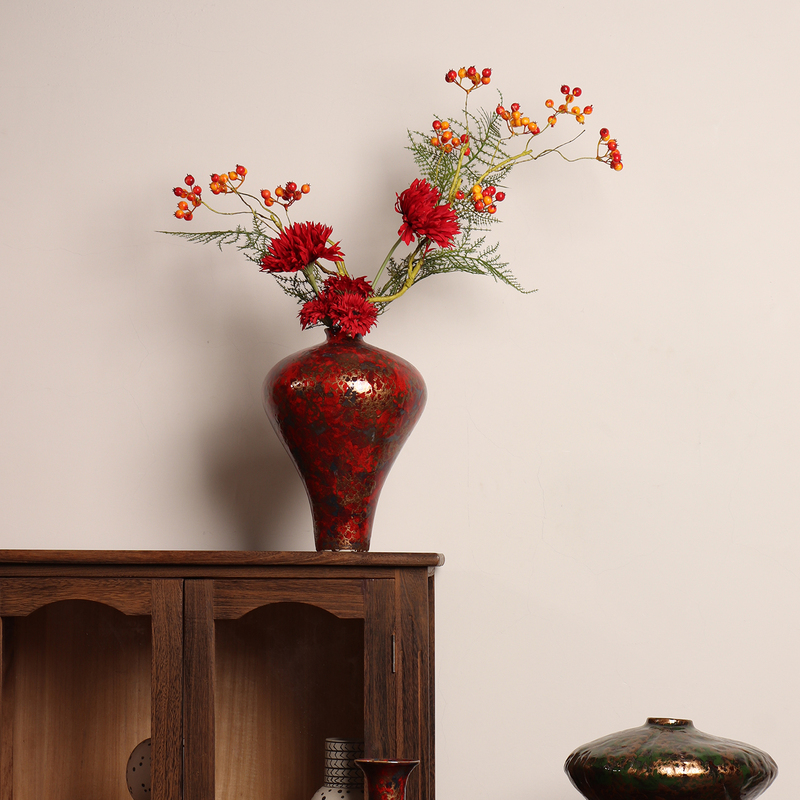 New Chinese-Style Ceramic Vase, Imitation Lacquer Flower Arrangement Vessel, Creative Red and Green Decorative Piece, Artistic Plum Blossom Vase