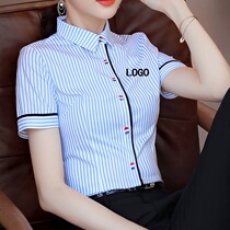 Short sleeve professional suit women Summer short overalls striped shirt women blue and white vertical stripe shirt front desk overalls