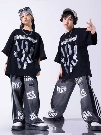 街舞儿童潮服男童hiphop嘻哈潮牌套装夏破洞牛仔裤女童爵士舞服装