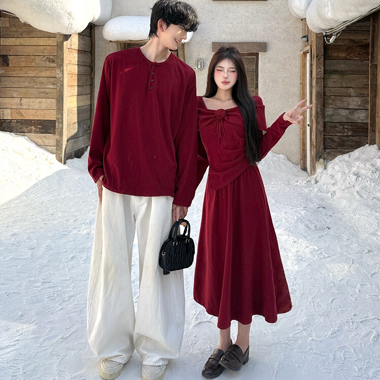 Autumn and Winter Couple Outfits for Engagement, One Dress and One Shirt, French Style, High-End, New Year Red Long-Sleeved Dress Autumn and Winter Couple Outfits for Engagement, One Dress and One Shirt, French Style, High-End, New Year Red Long-Sleeved Dress