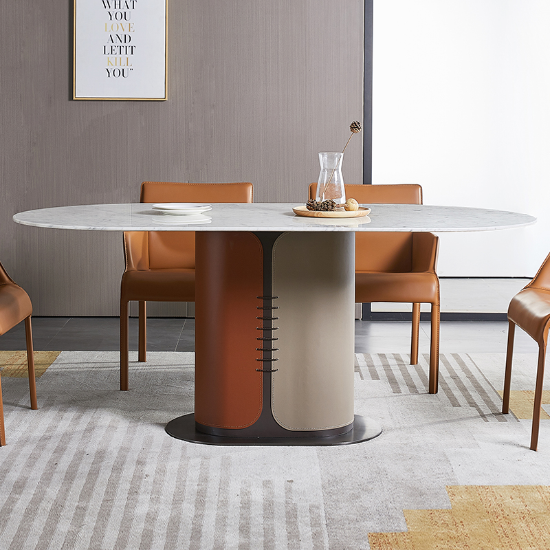 Italian Style Light Lavish Marble Table Modern Minima Villa Upscale Saddle Leather Dining Table Designer Dining Table And Chairs Combination