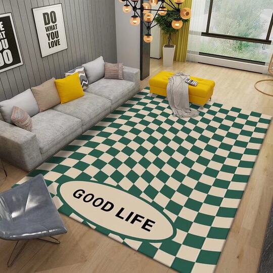 Checkerboard carpet bedroom living room modern minimalist Nordic ins style room bedside coffee table sofa plaid carpet