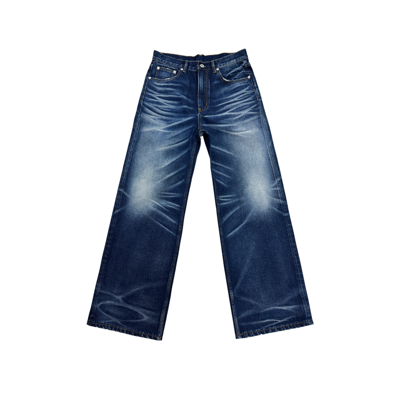 Wanna Lab Dark Blue Vintage Denim Natural Indigo Light Wash Whiskered Honeycomb Straight A-Line Long Pants