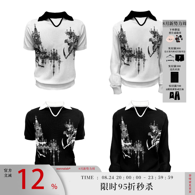 Wanna Lab Grim Reaper Scythe Palace Print Waist-Cinching Regular Shoulder V-Neck Polo Tencel Sweater Knitted Short Long Sleeve T-Shirt